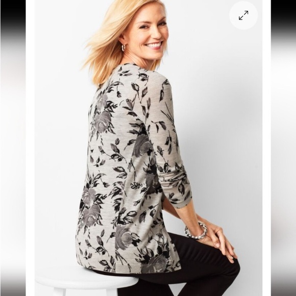 Talbots Gray Pure Merino Soft Wool Lux Floral Button Down Cardigan Sweater EUC - Picture 8 of 8